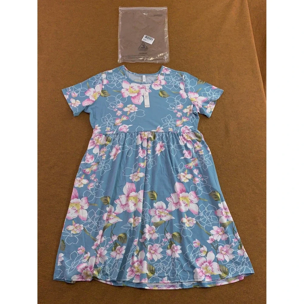 DB MOON Womens 2XL Light Blue Floral Empire Waist Summer Casual Dress NWT